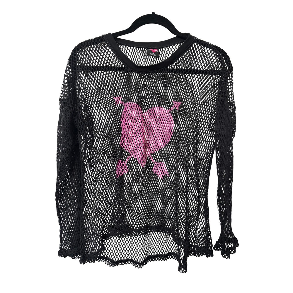 Y2K Hard Candy Black Fishnet Long Sleeve Pink Heart Mesh Top Womens L